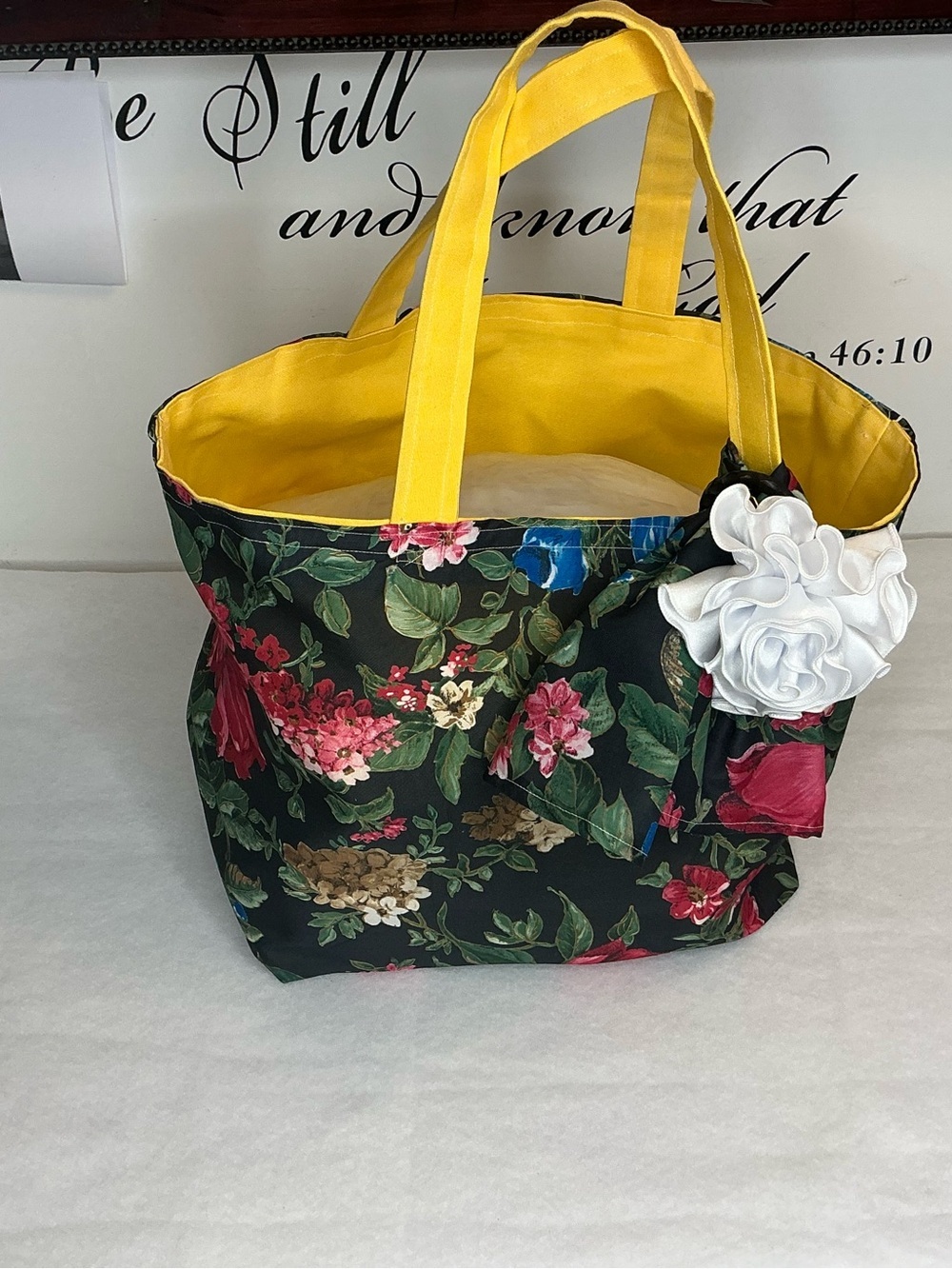 2034 - Handmade Sunny Yellow Canvas Tote with Floral Scarf and Rosette - Picture 14 of 16